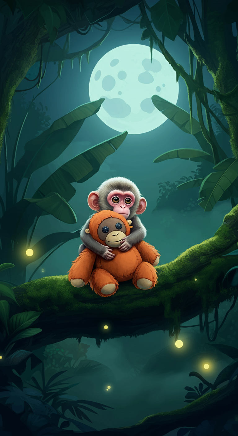 Punch the baby monkey hugging his DJUNGELSKOG plushie on a moonlit branch